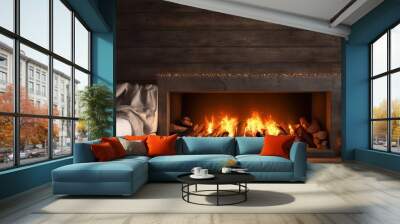 winter fireplace with a warm fire Wall mural