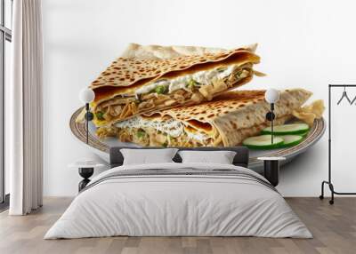 With layers of chicken meat, cucumber, cabbage, and cheese presented on a dish with a white background, two portions of Eastern cheesy shawarma. Lavash bread is used to encase Turkish donner Wall mural