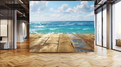 Wooden table with ocean in background for displaying products, depicting summer beach theme. Wall mural