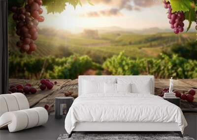 Wooden table with vineyard background for wine product advertisement. Wall mural