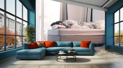 Sleeping, woman and bed with morning nap and home with rest feeling calm with peace. House, bedroom and tired female person relax and comfortable on a pillow with blanket dreaming over the weekend Wall mural