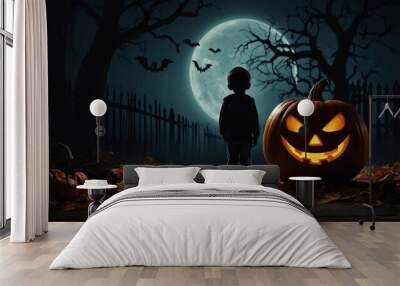 silhouette of a little boy talking facing a halloween pumpkin dark background Wall mural