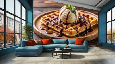 A mouthwatering waffle topped with creamy ice cream and drizzled with chocolate syrup, ice cream, sweet, delicious, scrumptious, delicious, tempting, sprinkles, dessert, tasty Wall mural