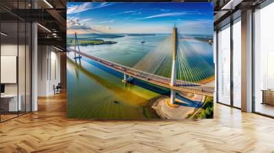 A stunning aerial view of the partially finished cable stayed bridge Fisheye in a serene landscape, construction, progress, construction site, steel cables, bridge, infrastructure Wall mural