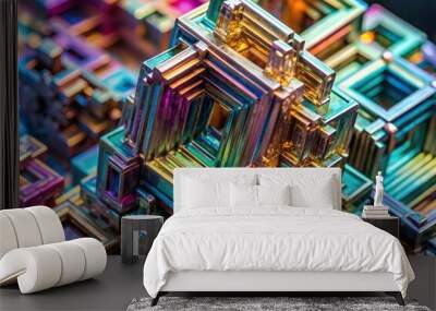 Bismuth crystal forming iridescent geometric structures at a tilted angle, patterns, geometric, reflection, crystal, close-up, shiny, mineral, unique,iridescent, element, natural Wall mural