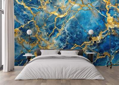 Blue and gold marble surface with intricate patterns resembling a macro view creating a luxurious and stylish background for design projects, natural, patterns, stylish, intricate Wall mural