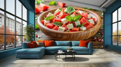 Fresh watermelon salad with feta cheese, mint, and pepper in a wooden bowl, a refreshing summer dish, gourmet, vibrant, refreshing, summer, food, combination, fresh, mint, salad, wooden Wall mural