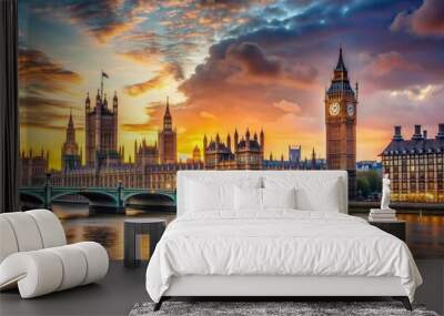 Landscape of London at sunset featuring the iconic Big Ben tower, skyline, England, sunset, United Kingdom, Big Ben, British, tourism, cityscape, landscape, travel, London, clock, famous Wall mural