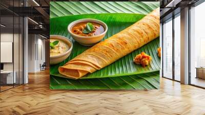 spicy, A deliciously crispy and savory Paper Masala Dosa a traditional South Indian delight served with aromatic sambhar and flavorful coconut chutney on a vibrant green banana leaf Wall mural