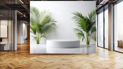 White podium with palm leaves for product presentation Wall mural