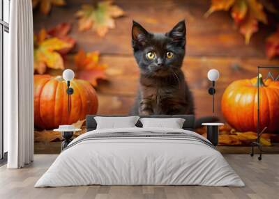 Wide-angle autumn photo of black kitten with festive Halloween decorations Wall mural