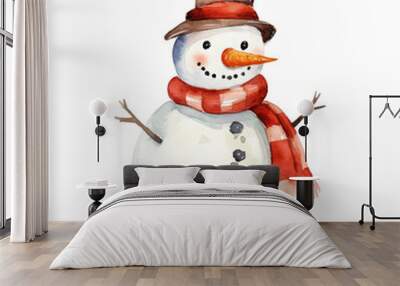 A cheerful Christmas watercolor illustration of a snowman wearing a red scarf and top hat Wall mural