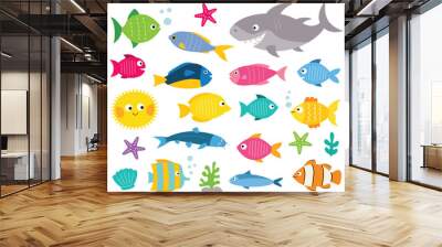 cartoon fishes set, isolated design elements Wall mural