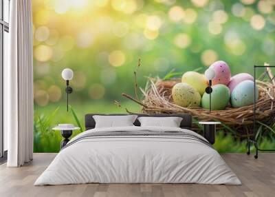 Colorful Easter eggs in a nest on grass, spring, Easter, bokeh background with copy space Wall mural