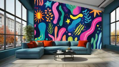 Lively shapes and designs in bold colors on a dark surface. Concept of art and playfulness Wall mural