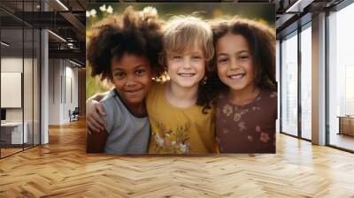 Three happy kids, smiling friends Wall mural