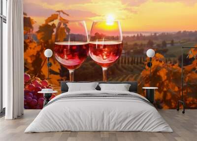 Wine glasses with rose wine on a table with a bunch of grapes, vineyard and beautiful sunset background Wall mural