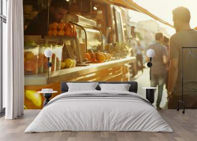 Golden Hour Refreshments: A vintage orange food truck bustles with activity as a customer considers the vibrant menu of fresh fruit smoothies, bathed in the warm glow of the setting sun.  Wall mural