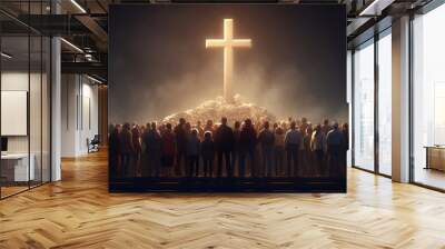 a group of people standing in front of a cross Wall mural