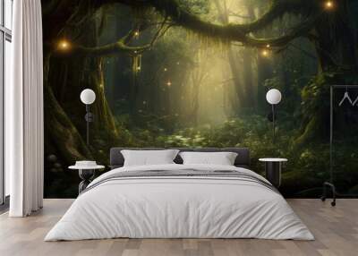 A beautiful fairytale enchanted forest with big trees and great vegetation. Digital painting background created with Generative AI technology Wall mural