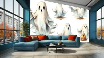 Halloween watercolor ghosts art created with Generative AI technology Wall mural