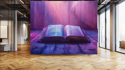 an open Bible on a wooden surface sets a serene tone for Holy Week in warm purple hues Wall mural