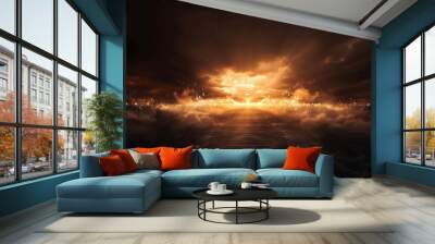 black background engulfed in a vibrant explosion of fiery colors Wall mural