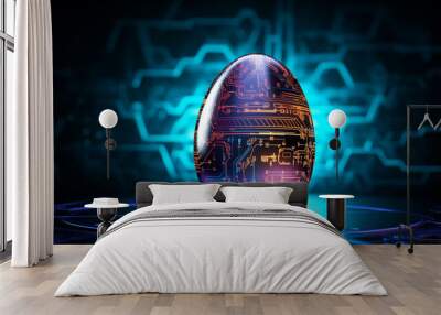 Futuristic egg set against a digital blue backdrop, merging tradition and innovation in a captivating display Wall mural