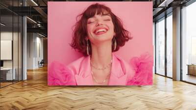 Happy woman on pink background Wall mural