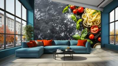 ingredients for cooking pasta on a slate background top view Wall mural