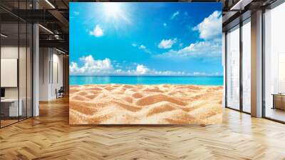 Abstract blur defocused background. Tropical summer beach with golden sand, turquoise ocean and blue sky with white clouds on bright sunny day. Colorful landscape for summer holidays. Wall mural