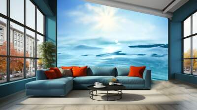 Abstract summer  landscape, nature of tropical with beautiful sun glare on wave sea water close-up,  blurred blue sky with rays of sunlight and white clouds. Copy space, summer vacation concept. Wall mural