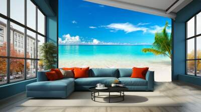 Beautiful beach with white sand, turquoise ocean, blue sky with clouds and palm tree over the water on a Sunny day. Maldives, perfect tropical landscape, ultra wide format. Wall mural