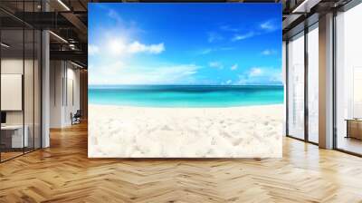 Beautiful beach with white sand, turquoise ocean water and blue sky with clouds in sunny day. Natural background for summer vacation, soft focus. Wall mural