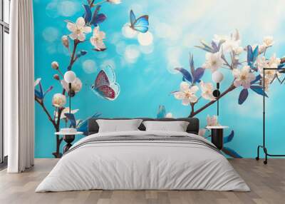 Beautiful branch of blossoming cherry and blue butterfly in spring at Sunrise morning on blue background, macro. Amazing elegant artistic image nature in spring, sakura flower and butterfly. Wall mural