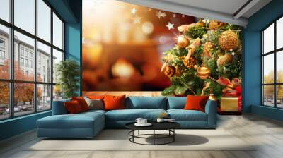 Beautiful elegant Christmas tree with Golden balls and gifts on  defocused warm evening background of cozy home interior with fireplace in golden red and brown tones. Wall mural