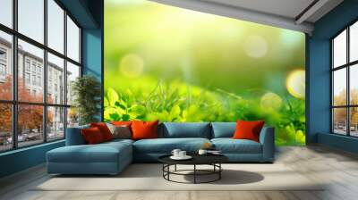 Beautiful natural background macro image of young juicy green grass in bright summer spring morning sunlight. Wall mural