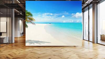 Beautiful palm tree on tropical island beach on background  blue sky with white clouds and turquoise ocean on sunny day. Perfect natural landscape for summer vacation, ultra wide format. Wall mural