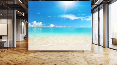 Beautiful sandy beach with white sand and rolling calm wave of turquoise ocean on Sunny day on background white clouds in blue sky. Island in Maldives, colorful perfect panoramic natural landscape. Wall mural