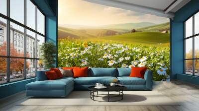 Beautiful spring and summer natural landscape with blooming field of daisies in the grass in the hilly countryside. Wall mural