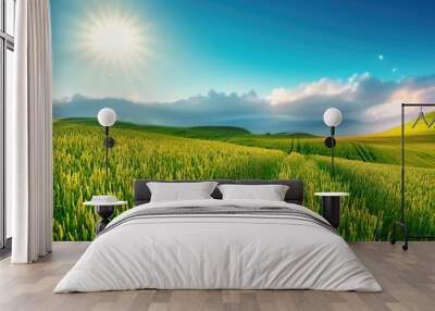 Beautiful spring natural panorama of a field of young green wheat on the hills against a blue sky with clouds. Wall mural