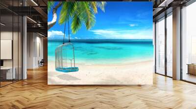 Beautiful tropical beach with white sand, turquoise ocean on  background blue sky with clouds on sunny summer day. Tilted palm tree with swing. Perfect landscape  background for relaxing vacation. Wall mural