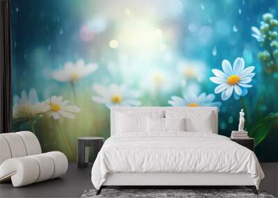 Beautiful wild chamomile flowers in nature outdoors with soft focus and bokeh. Floral summer spring background. AI generated. Wall mural