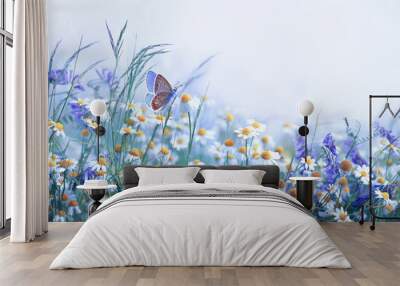 Beautiful wild flowers chamomile, purple wild peas, butterfly in morning haze in nature close-up macro. Landscape wide format, copy space, cool blue tones. Delightful pastoral airy artistic image. Wall mural