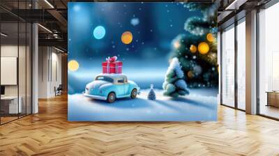 Christmas decoration with a toy car carrying a Christmas tree and gifts in the snow in a winter park. AI generated. Wall mural