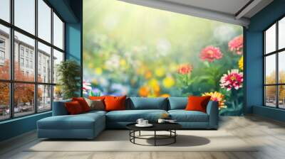 Colorful beautiful multicolored flowers Zínnia spring summer in Sunny garden in sunlight on nature outdoors. Ultra wide banner format. Wall mural