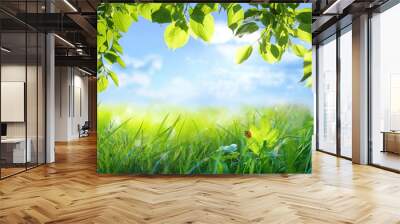 Natural green defocused background with sunshine. Juicy young grass and ladybug against blue sky and foliage of a tree in nature, scenic framing,  macro, copy space. Wall mural