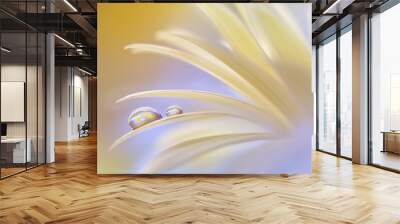 Reflection of the flower in the dew drop. A drop of water on the petal of a yellow flower close-up maсro. Gentle romantic artistic image. Soft pastel background blur. Wall mural