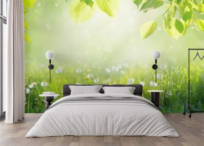 Scenic background  Spring summer with a frame of grass on dandelion field and leaves in nature. Juicy green grass on meadow in morning light outdoors, copy space, panorama landscape. Wall mural