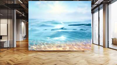 Summer landscape, nature of tropical with rays of sun light. Beautiful sun glare in wave of transparent blue water on beach against blue sky. Copy space, summer vacation concept. Wall mural